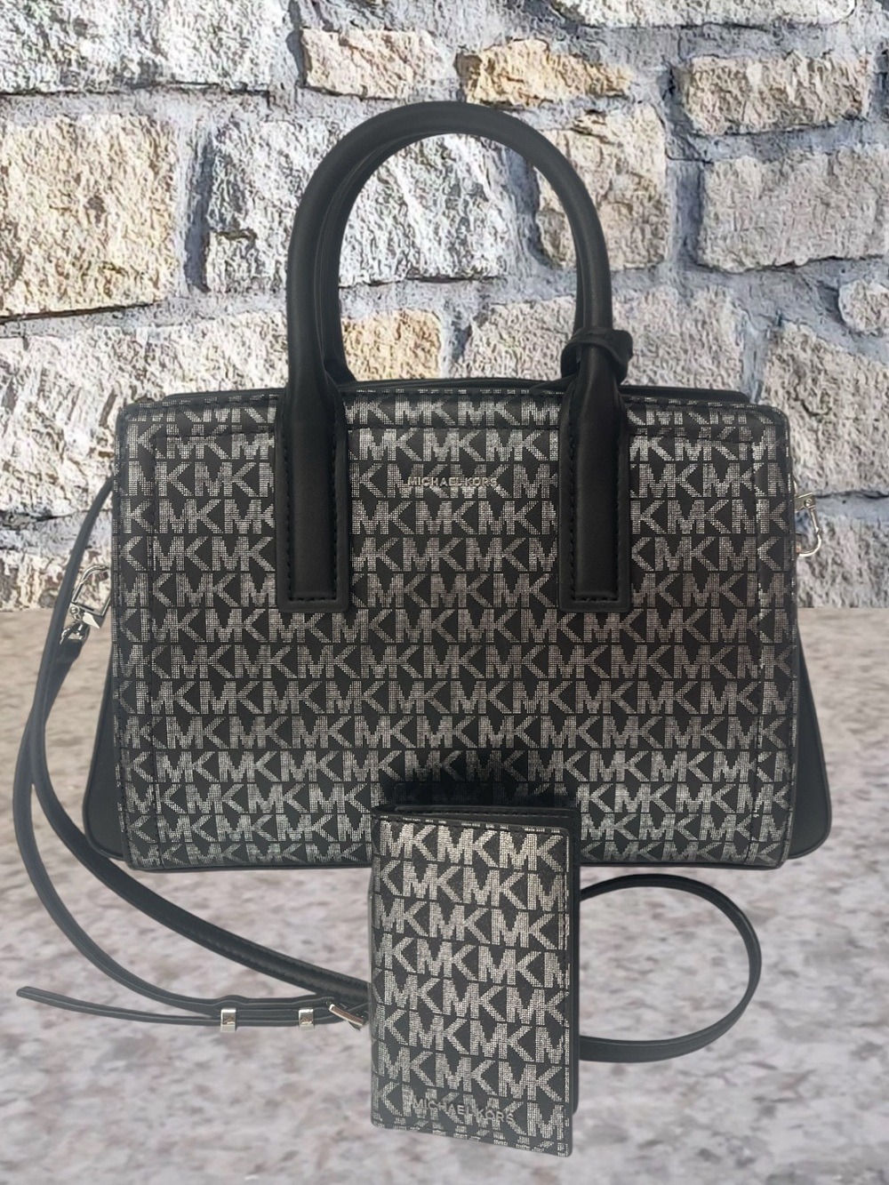 Michael Kors Laila Medium Satchel & Matching Wallet Black Silver Metallic Logo